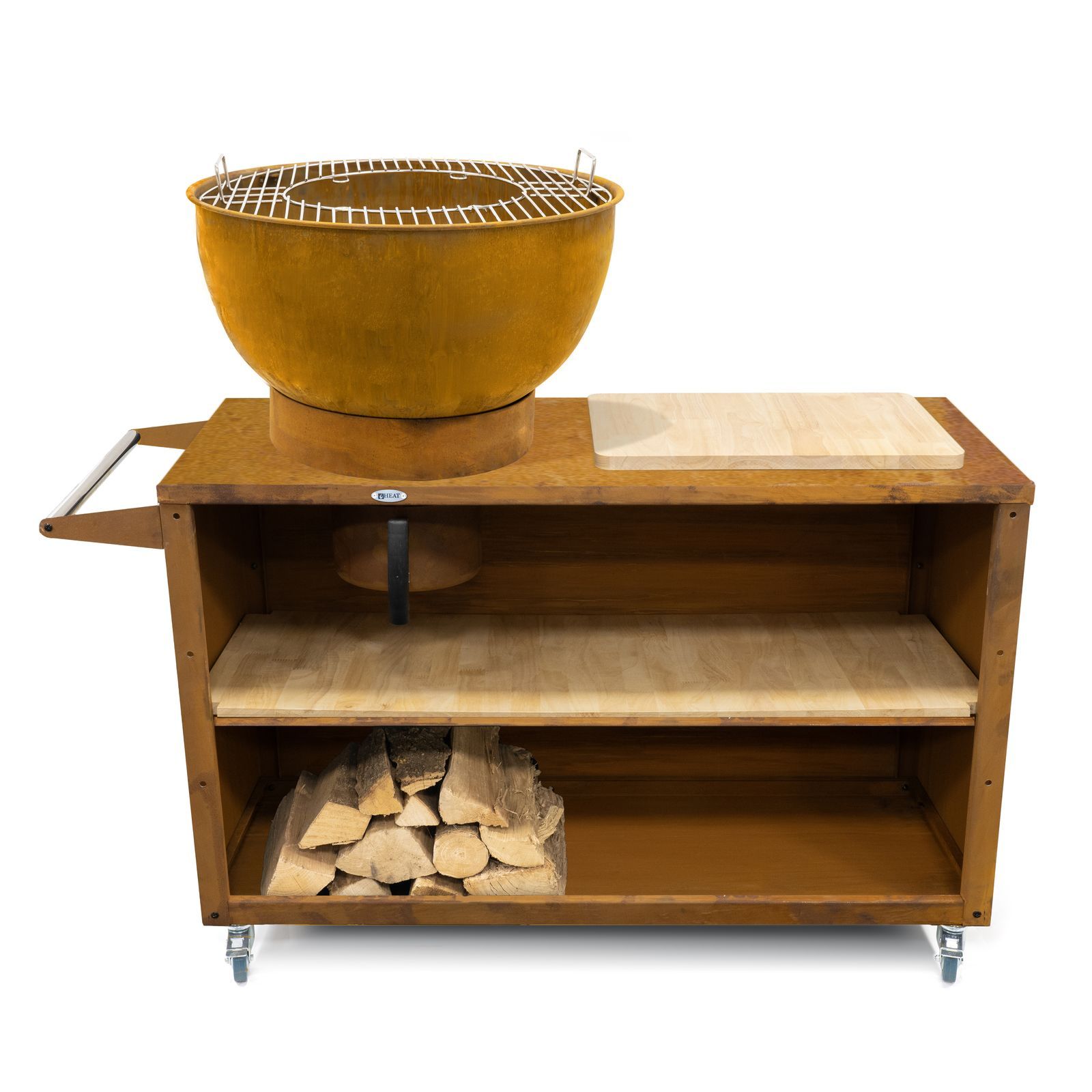 HEAT Trolle rust kitchen unit with grill and logs stored on the shelf