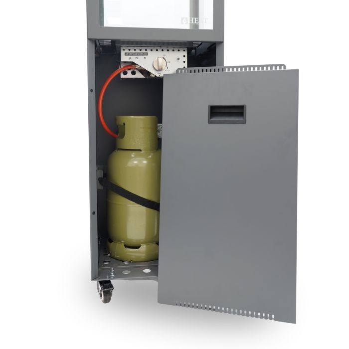 HEAT Utevarme grey heater with door open showing the gas bottle