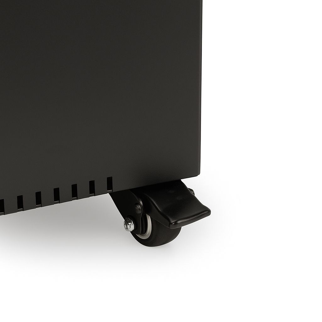 Close-up of the wheel on the HEAT Utevarme black patio heater