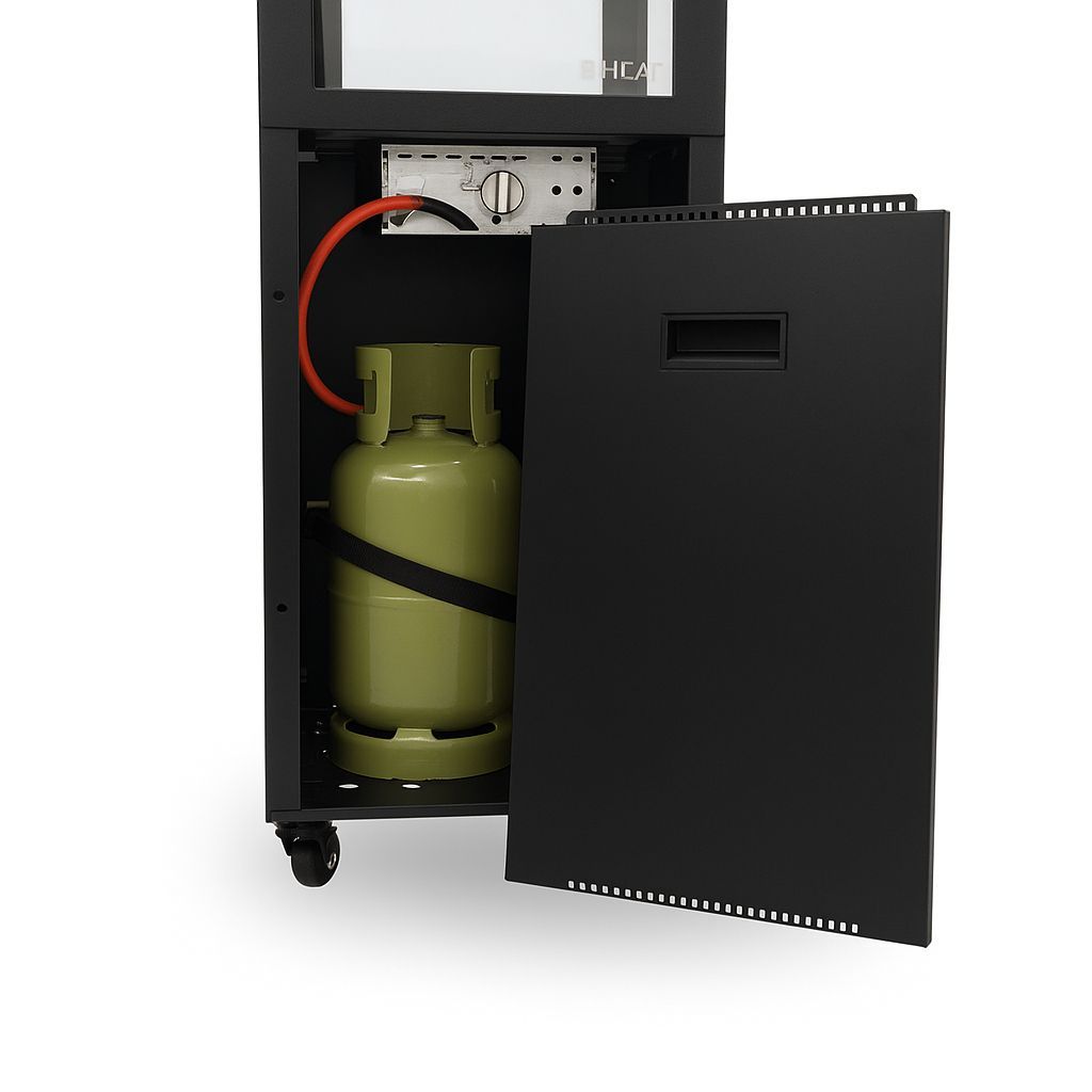HEAT Utevarme black heater with door open showing the gas bottle
