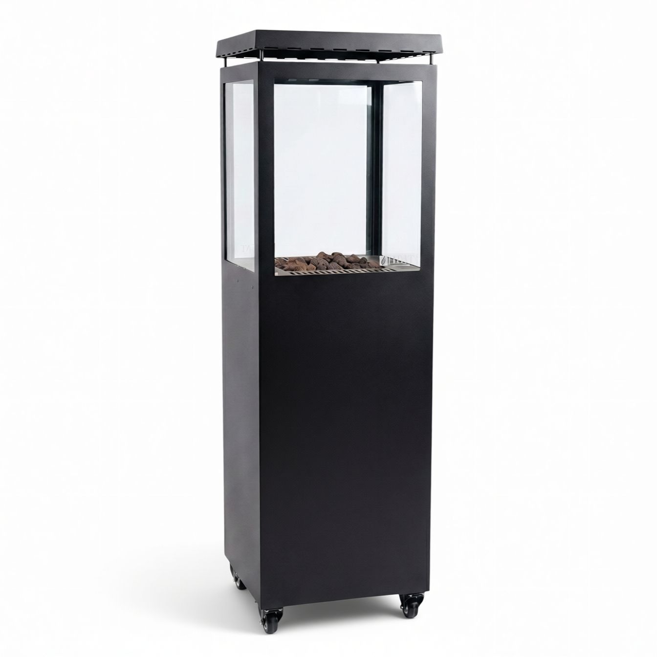 HEAT Utevarme black patio heater with glass tower, front view