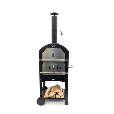 HEAT Ovnhus wood fired pizza oven on wheels with log store, on a white background